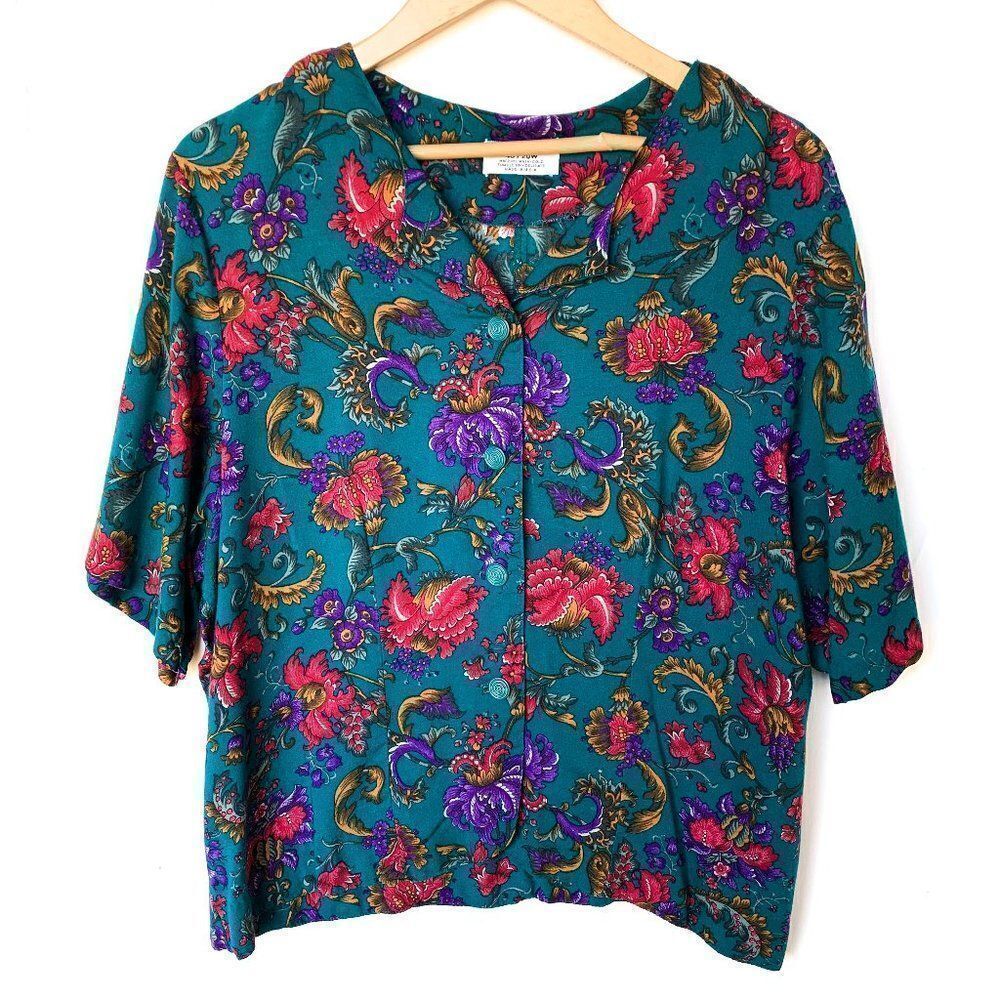 Vintage Alfred Dunner Teal Floral Damask Print Short Sleeve Shirt